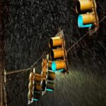 Stoplights sway during a bad storm in Charlottesville, Virginia.