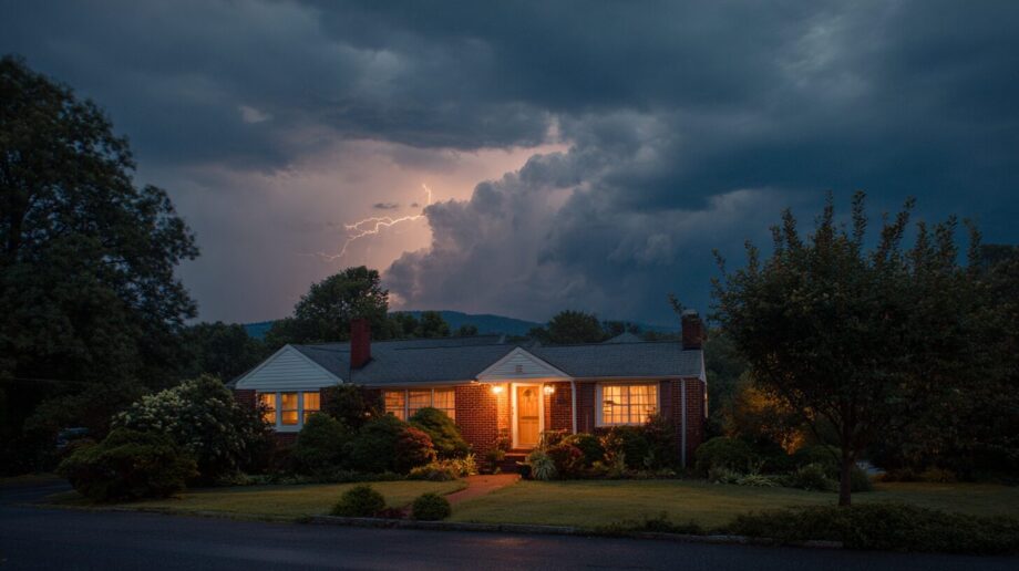 Lightning strike near Charlottesville with a home protected by surge protector on electrical panel in the foreground.