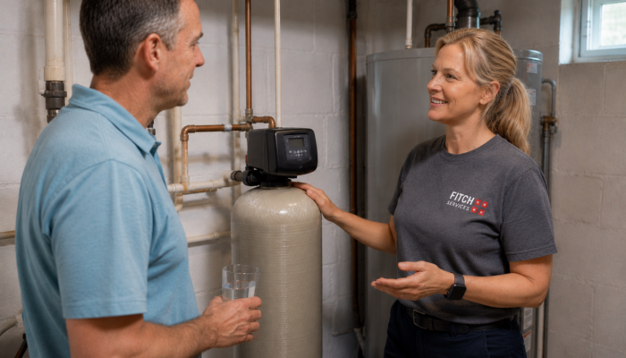 Homeowner discussing acidic well water treatment options with a plumber near Charlottesville, VA.