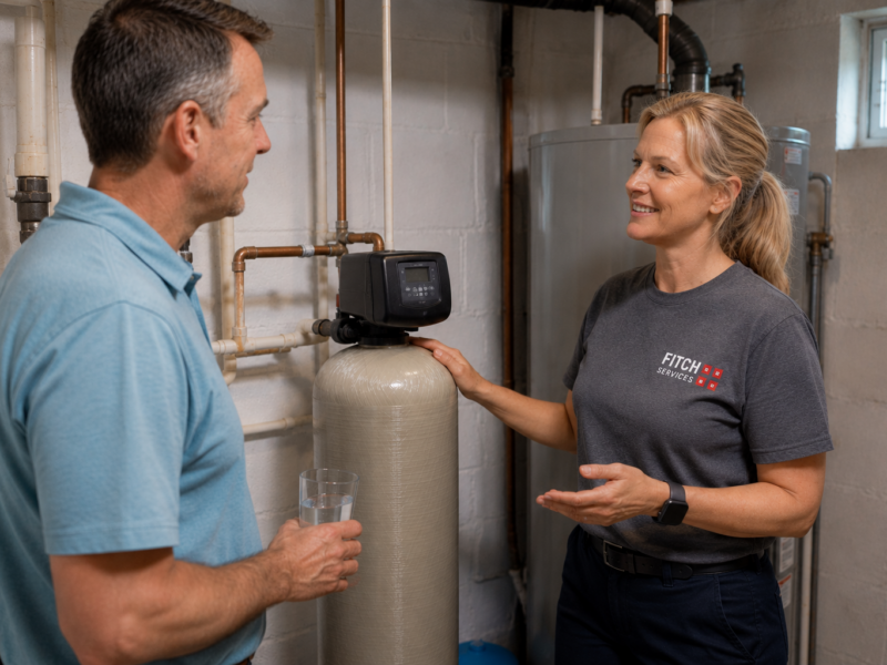 Homeowner discussing acidic well water treatment options with a plumber near Charlottesville, VA.