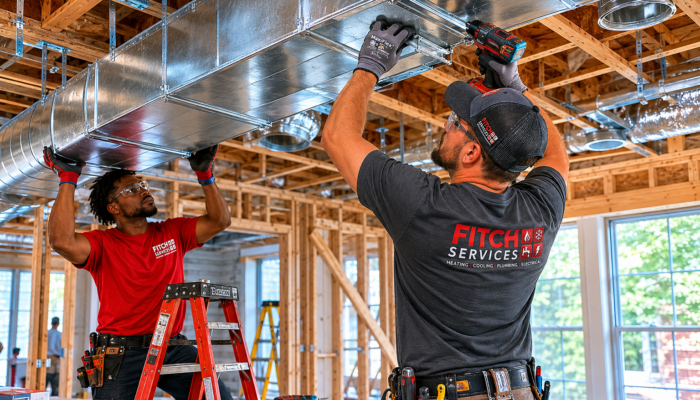 Fitch Services technicians installing residential HVAC ductwork inside a Virginia home under construction.