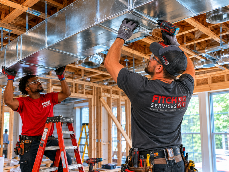 Fitch Services technicians installing residential HVAC ductwork inside a Virginia home under construction.