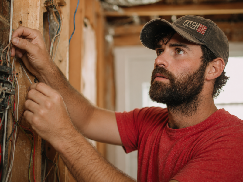 Electrician replacing outdated electrical wiring during a home rewiring project near Charlottesville, VA.