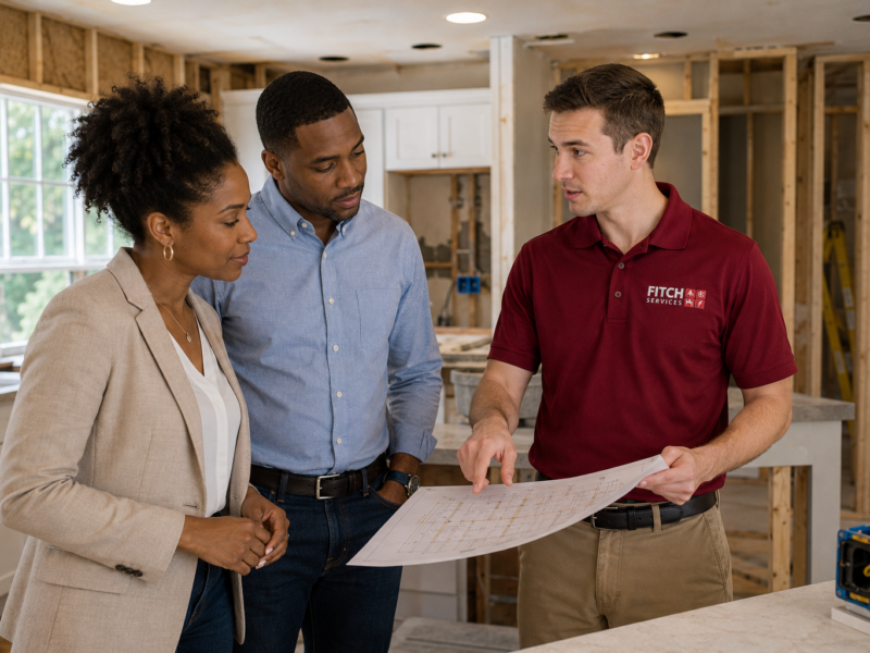 Homeowners reviewing electrical remodeling plans with a Fitch Services electrician in a Charlottesville-area home.