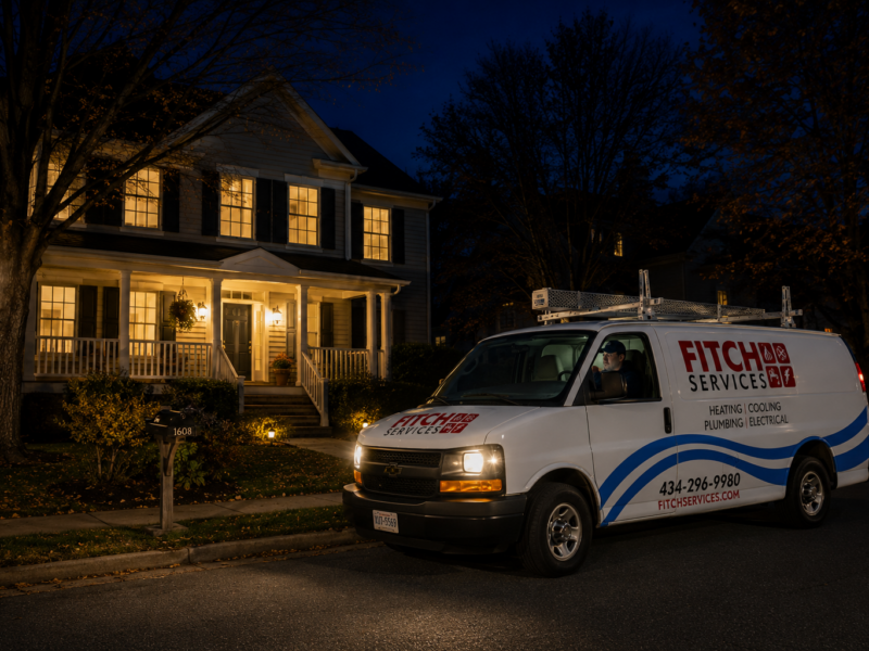 Fitch Services emergency repair van arriving at a Charlottesville-area home at night for an after-hours electrical service call.