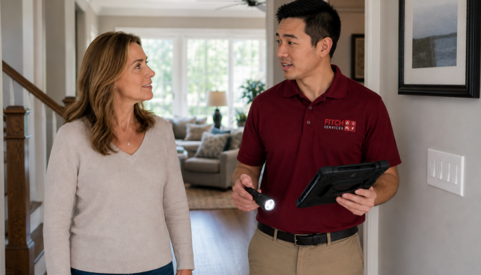 Homeowner reviewing HVAC, electrical, and plumbing maintenance recommendations with a technician near Charlottesville, VA.
