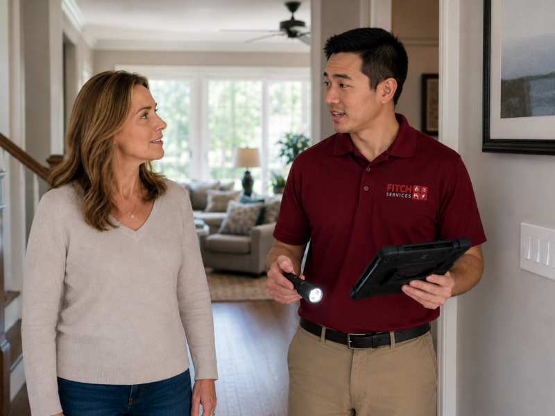 Homeowner reviewing HVAC, electrical, and plumbing maintenance recommendations with a technician near Charlottesville, VA.