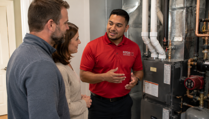 Homeowners discussing a new heating system installation with a Fitch Services technician near Charlottesville, VA.