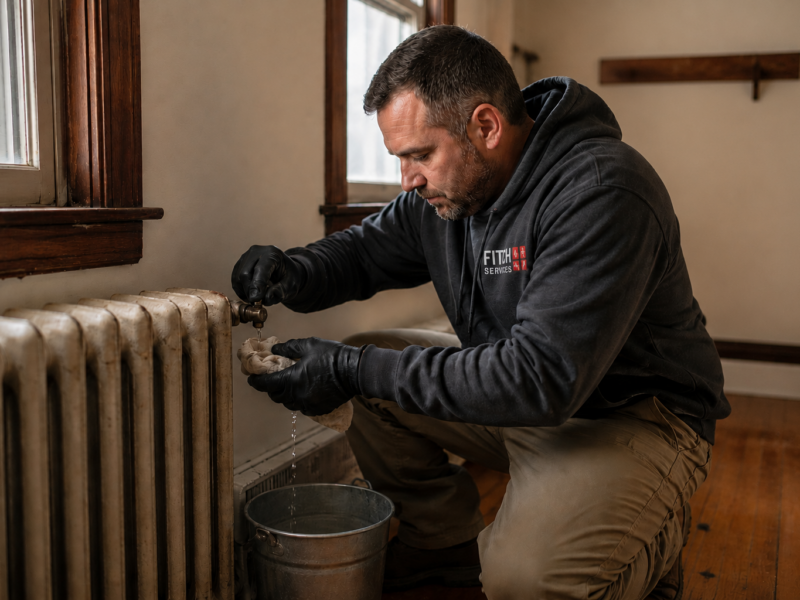Licensed HVAC technician bleeding air from an old residential hot water radiator during boiler repair service inside a historic Virginia home.