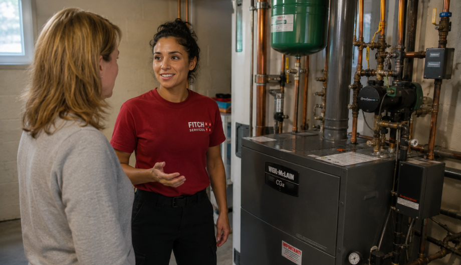 Homeowner reviewing furnace and boiler service recommendations with a technician near Charlottesville, VA.