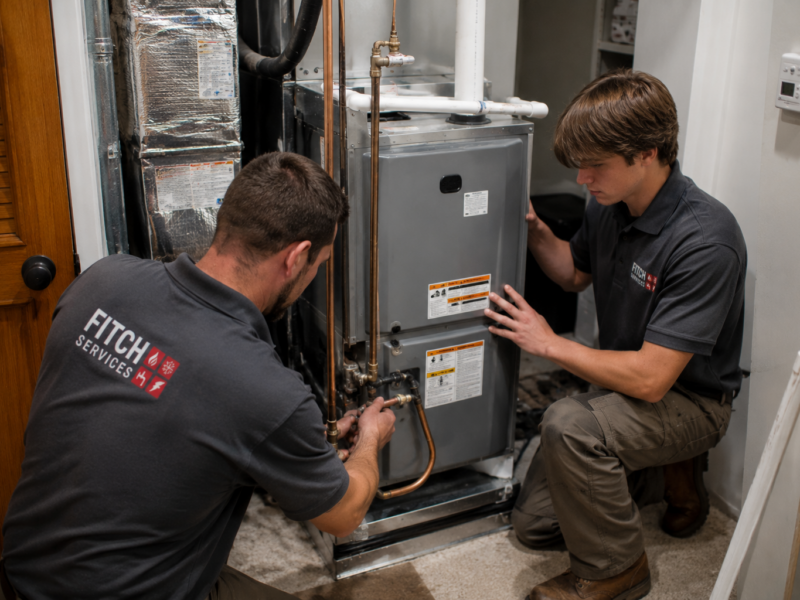Fitch Services technicians installing a new residential HVAC air handler system in a Charlottesville-area home.