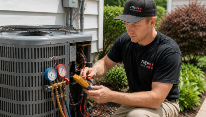 Fitch Services HVAC technician performing seasonal air conditioning maintenance at a Charlottesville-area home.