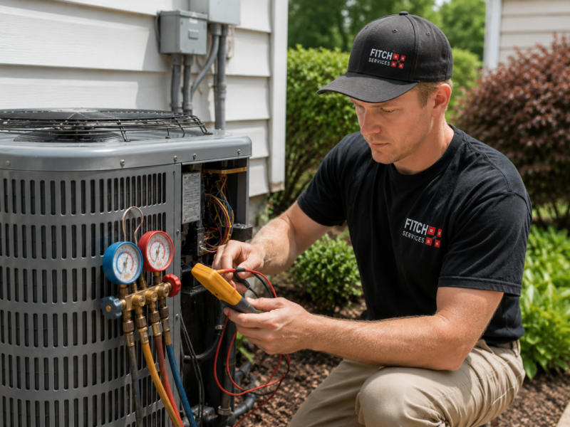 Fitch Services HVAC technician performing seasonal air conditioning maintenance at a Charlottesville-area home.