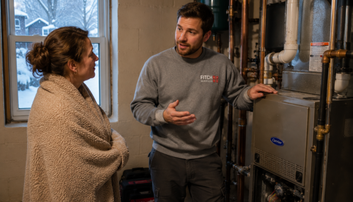 Homeowner discussing a winter heating repair with a Fitch Services technician near Charlottesville, VA.