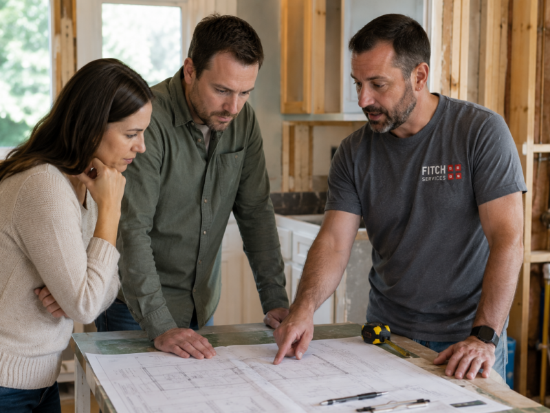 Homeowners reviewing plumbing remodeling plans with a Fitch Services plumber in a Charlottesville-area home.