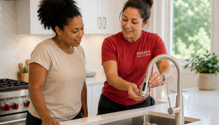 Homeowner reviewing newly installed kitchen plumbing fixtures with a plumber near Charlottesville, VA.