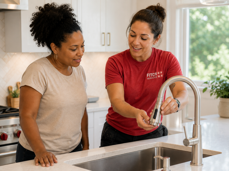 Homeowner reviewing newly installed kitchen plumbing fixtures with a plumber near Charlottesville, VA.