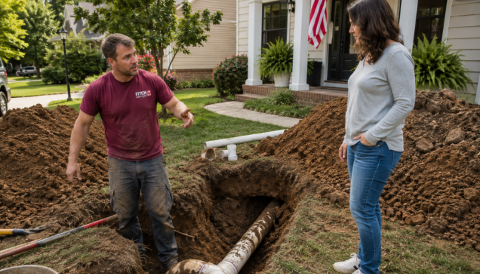 Fitch Services plumber discussing a residential sewer line repair with a homeowner beside an excavated front yard trench exposing underground sewer piping at a suburban Charlottesville-area home.