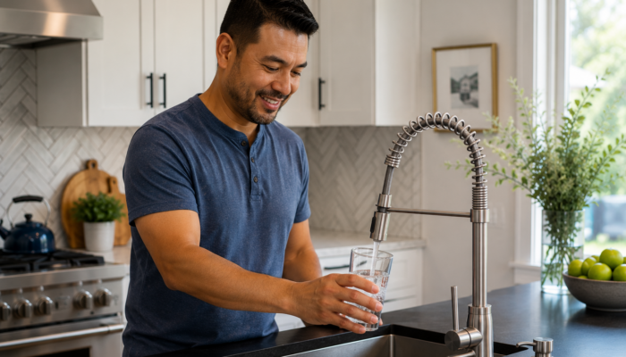Homeowner enjoying filtered water from a newly installed filtration system in a Charlottesville-area kitchen.