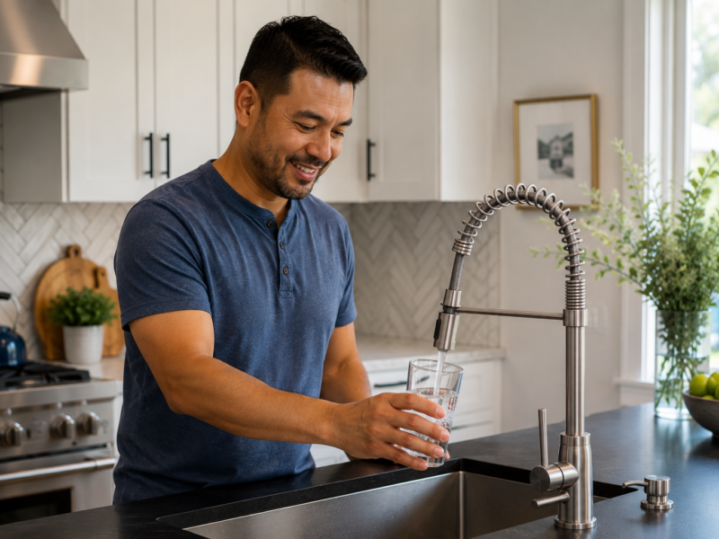 Homeowner enjoying filtered water from a newly installed filtration system in a Charlottesville-area kitchen.
