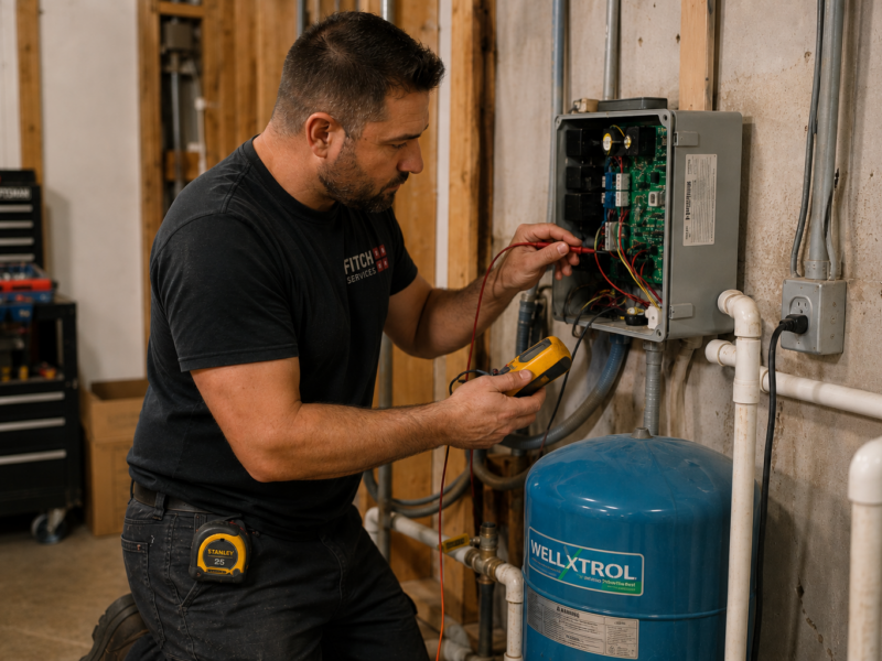Technician repairing a residential well pump control system in a Charlottesville-area home.