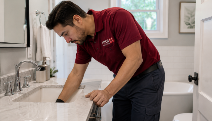 Hispanic Fitch Services plumber inspecting a bathroom sink drain inside a modern Charlottesville-area home, leaning over a marble vanity while diagnosing a residential plumbing clog in a clean, naturally lit bathroom.
