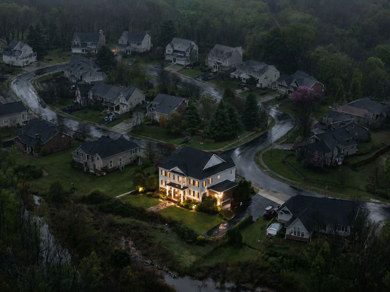 Aerial nighttime view of a widespread power outage in a suburban Charlottesville-area neighborhood with one generator-powered home still illuminated.