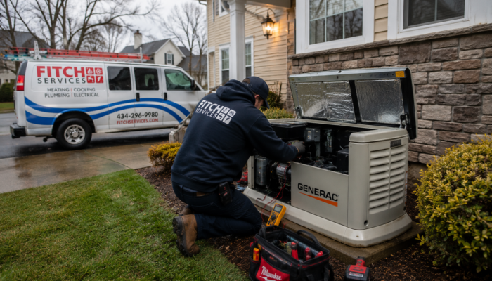 Technician performing routine maintenance and repair on a whole-home GENERAC generator outside a Charlottesville-area home during the day.