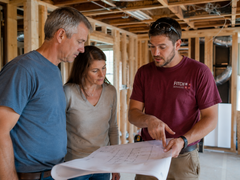 Fitch Services HVAC technician reviewing remodeling plans with homeowners during a Virginia home renovation project.