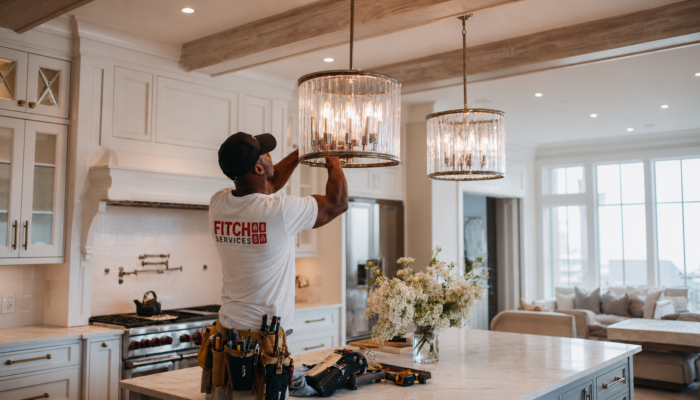 Electrician installing a modern pendant light fixture in a Charlottesville-area kitchen.
