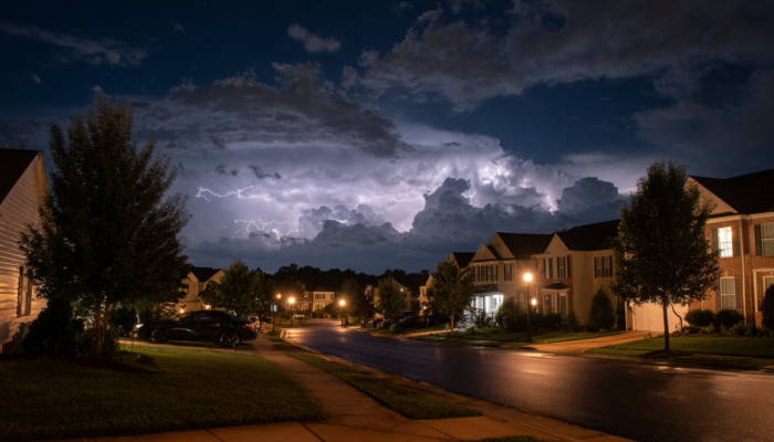 Lightning storm moving over a residential neighborhood near Charlottesville, VA during the evening.
