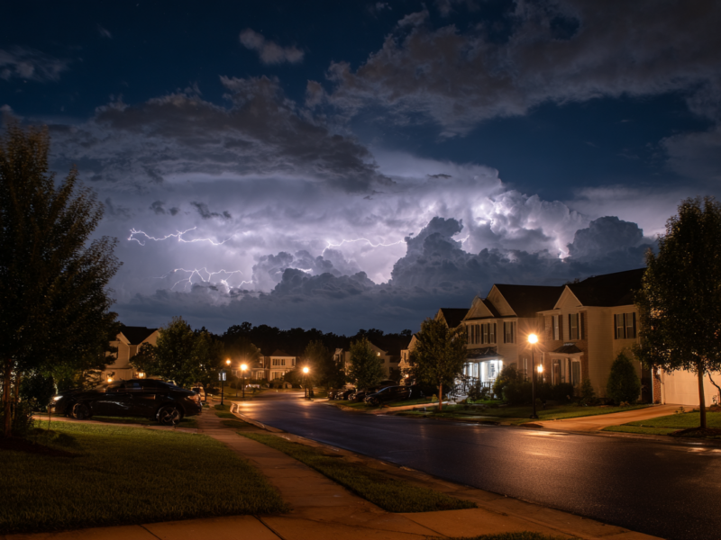 Lightning storm moving over a residential neighborhood near Charlottesville, VA during the evening.