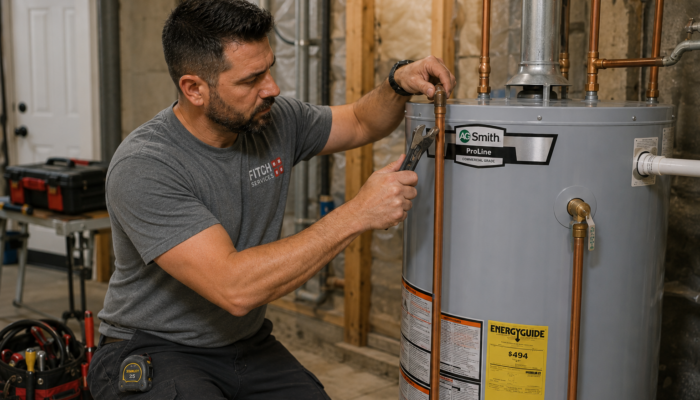 Fitch Services plumber installing a residential water heater in a Charlottesville-area home utility room.