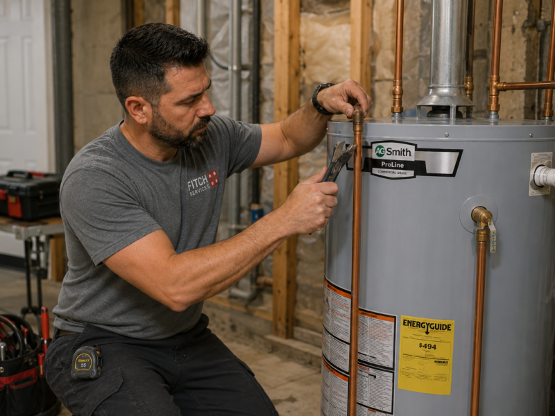 Fitch Services plumber installing a residential water heater in a Charlottesville-area home utility room.